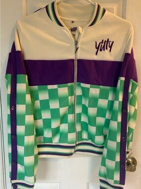 YITTY Cream, Purple & Green Checkerboard Zip Bomber Jacket